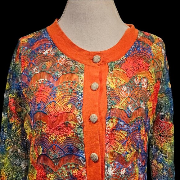 Michael Simon Colorful Cardigan Sweater Crochet Lace Overlay Cotton Sz M NWT - Picture 2 of 9